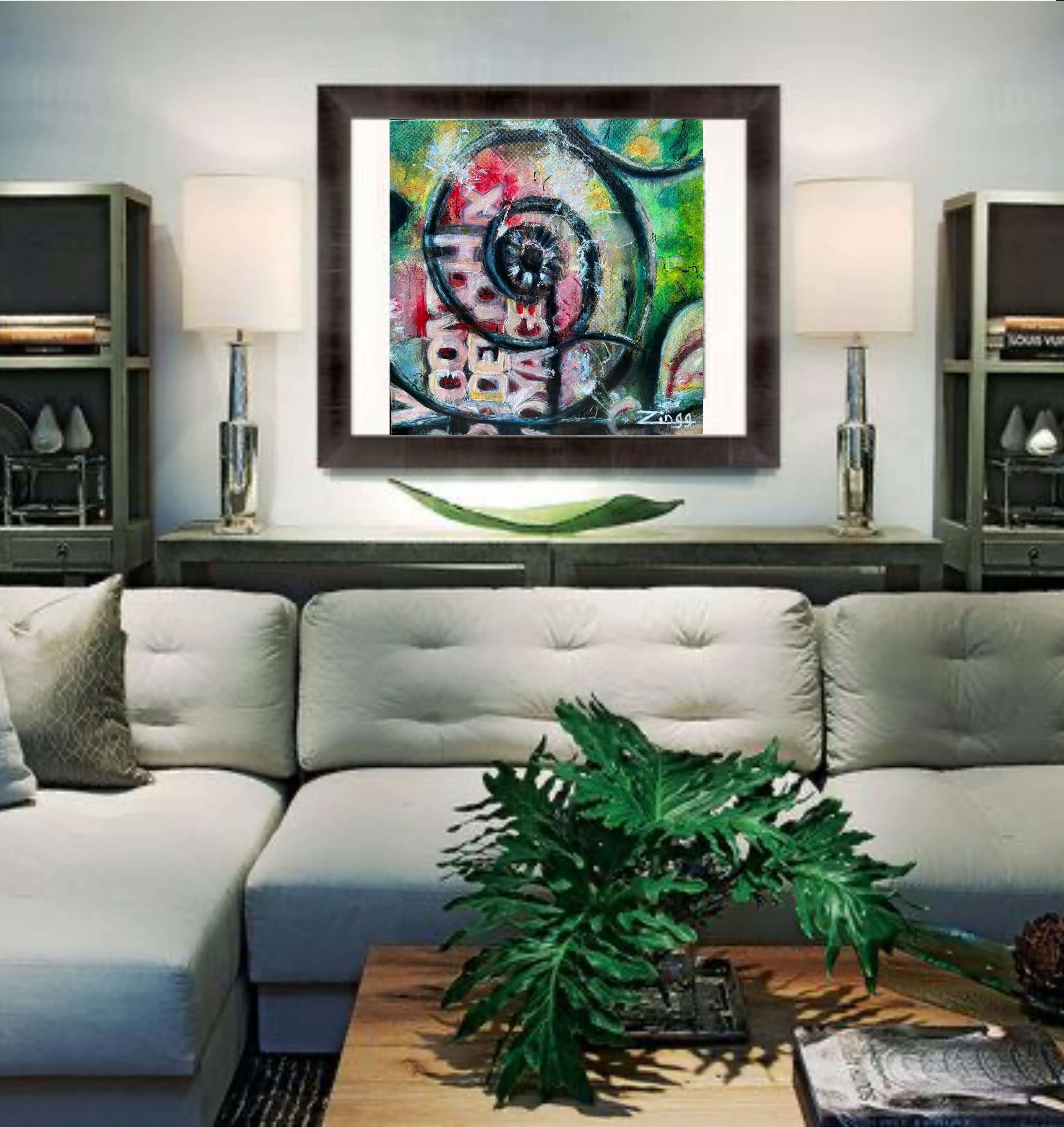 Bold Abstract Oil Painting featuring vibrant colors and spiral motifs by artist Theresa Zingg.