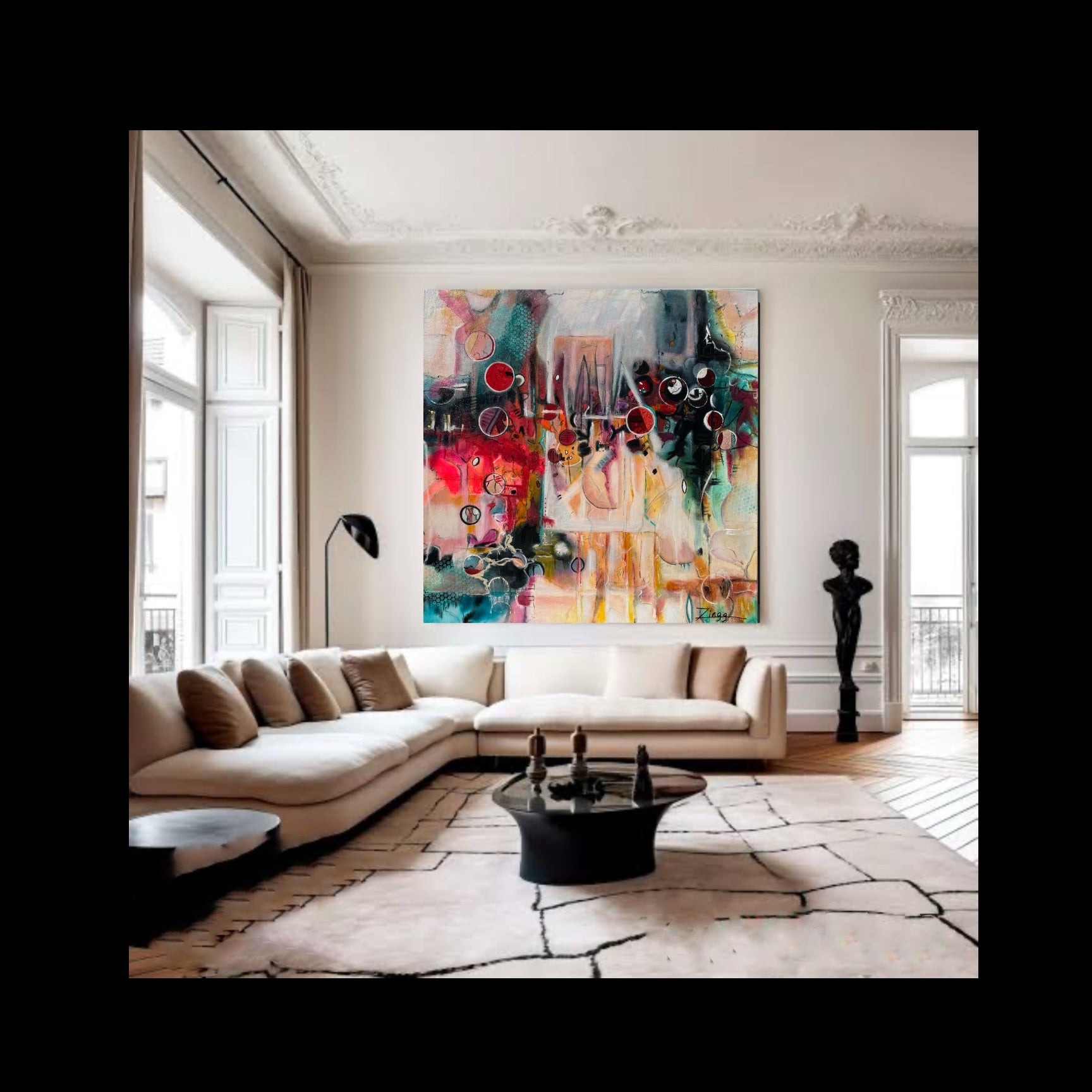 Modern living room with a large abstract painting on the wall.