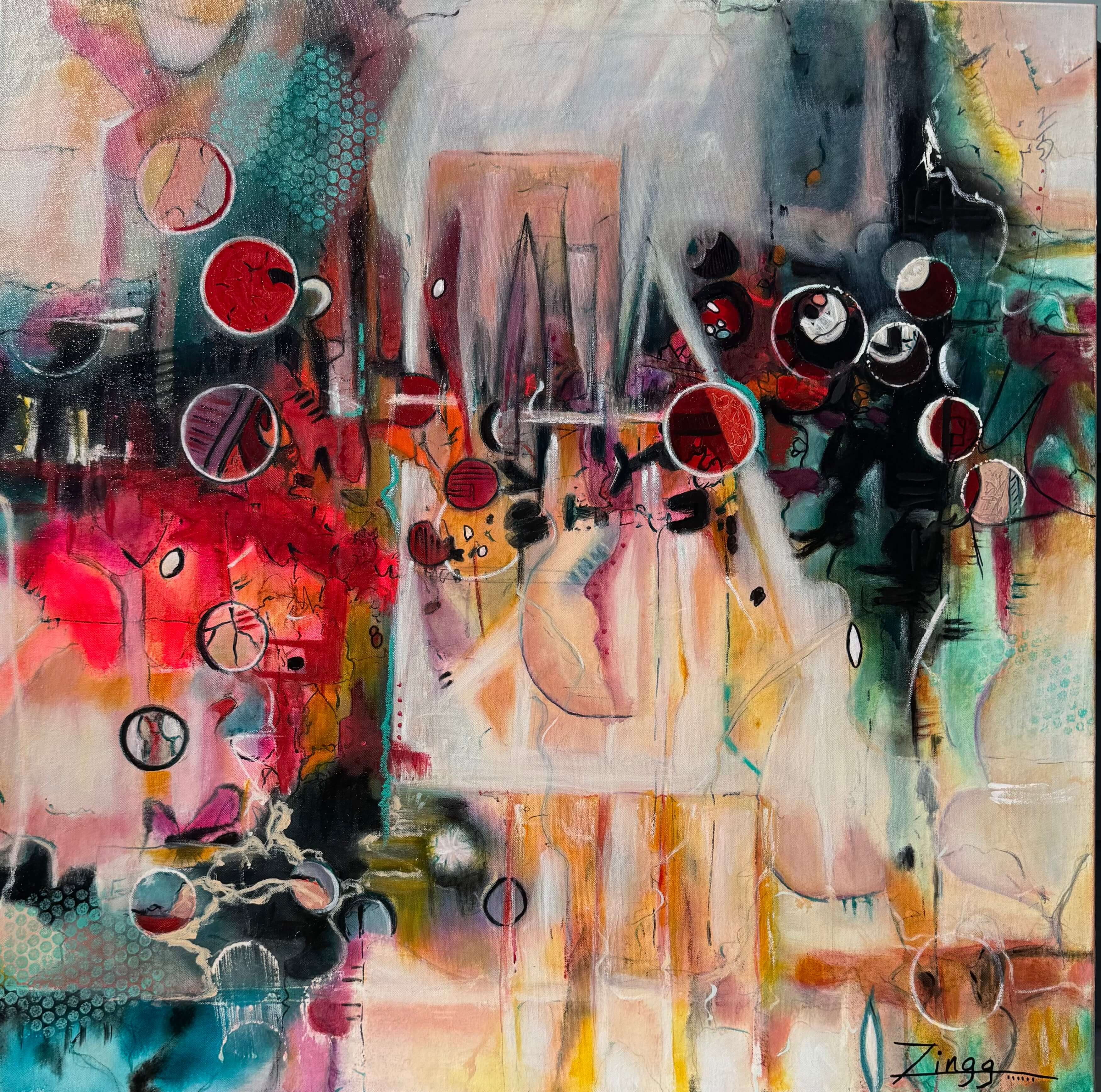 Bold contemporary abstract artwork with fragmented figurative forms and expressive movement