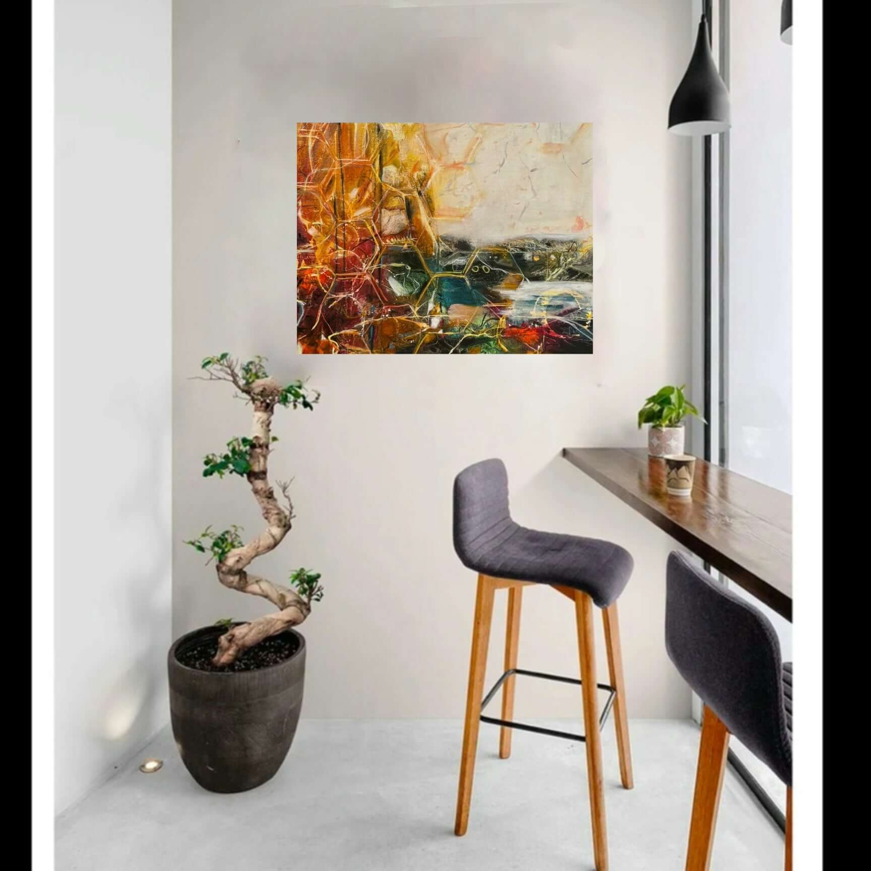 Bold contemporary abstract artwork with fragmented figurative forms and expressive movement