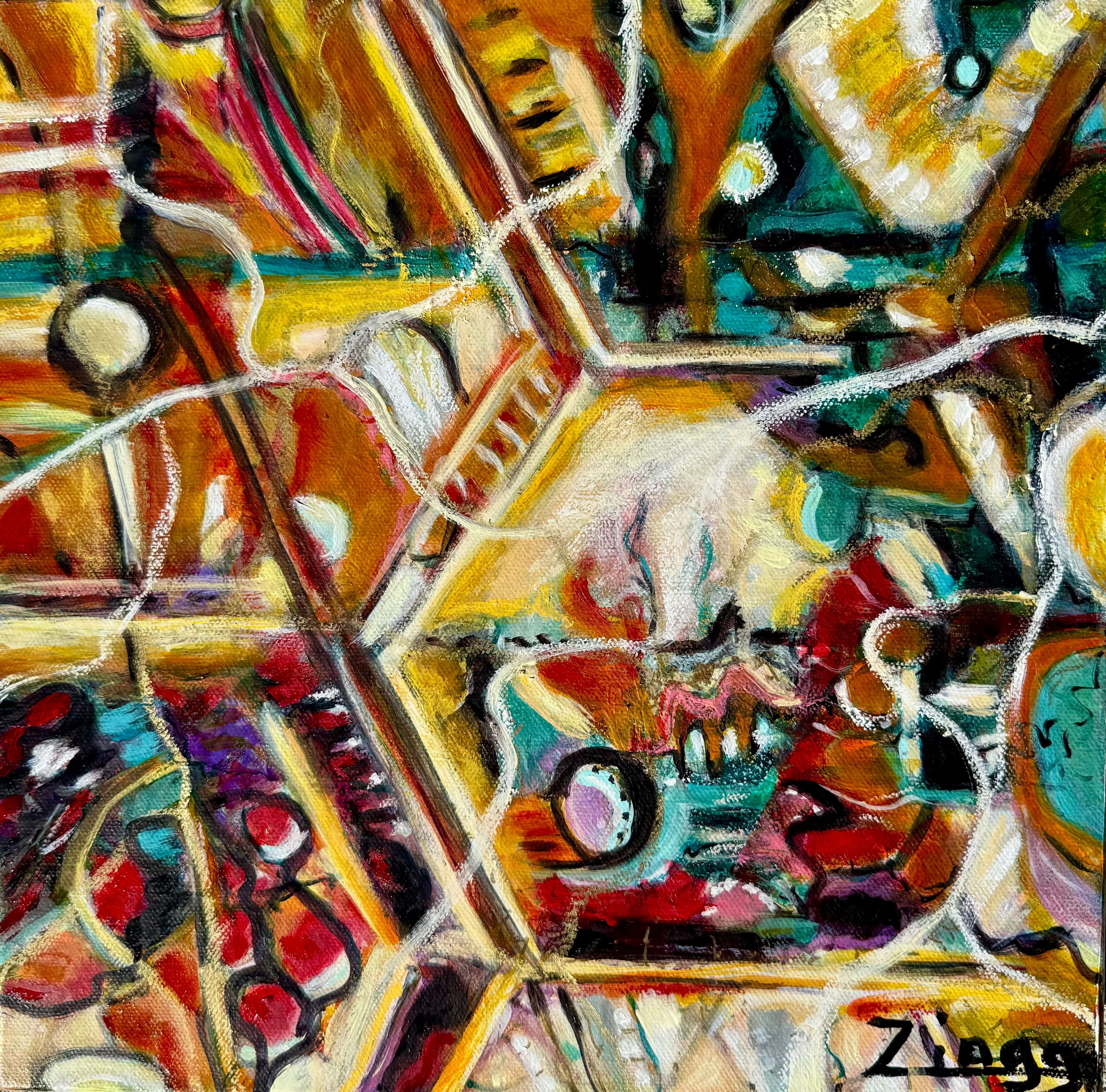 Bold contemporary abstract artwork with fragmented figurative forms and expressive movement