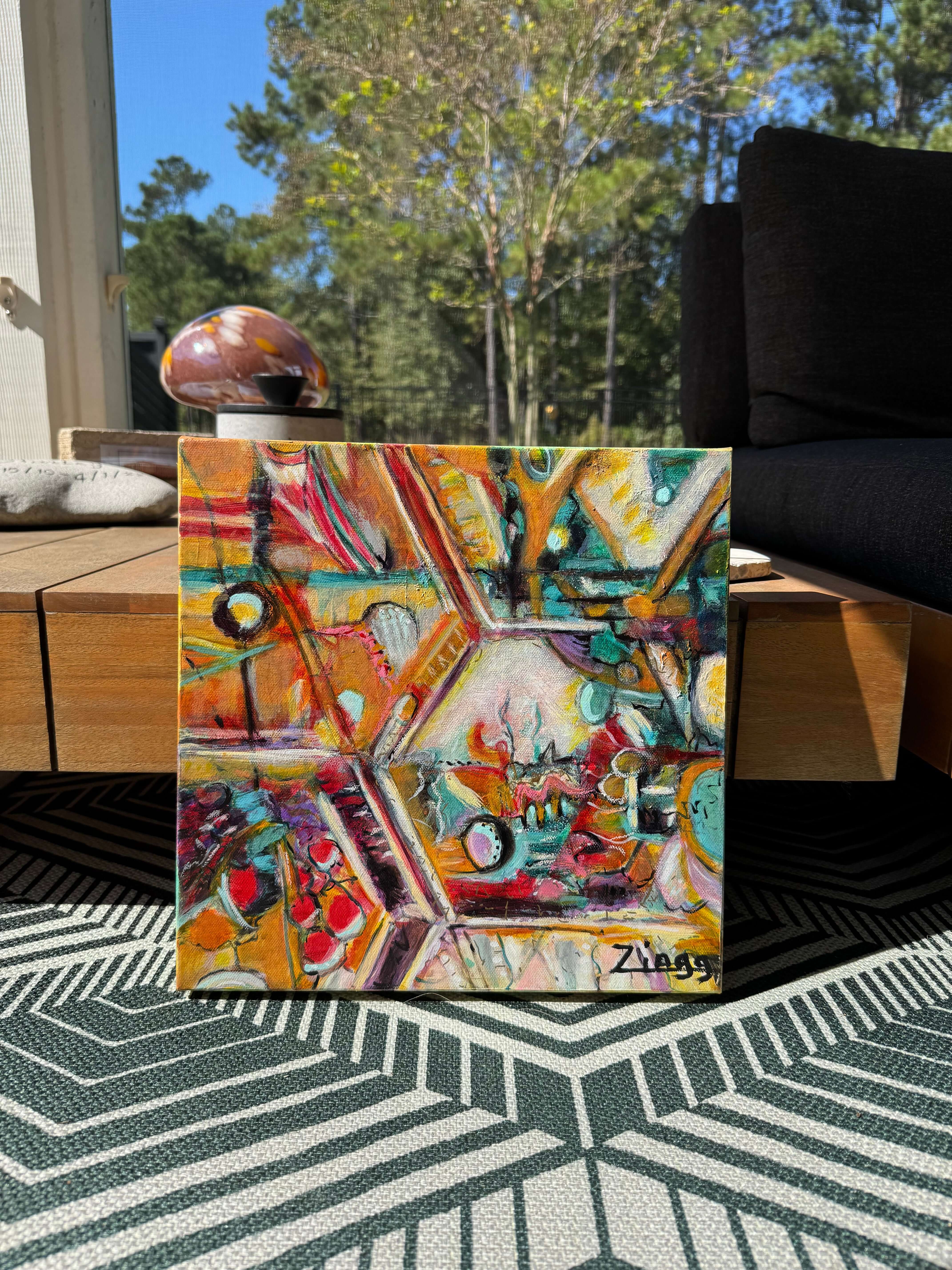Bold contemporary abstract artwork with fragmented figurative forms and expressive movement