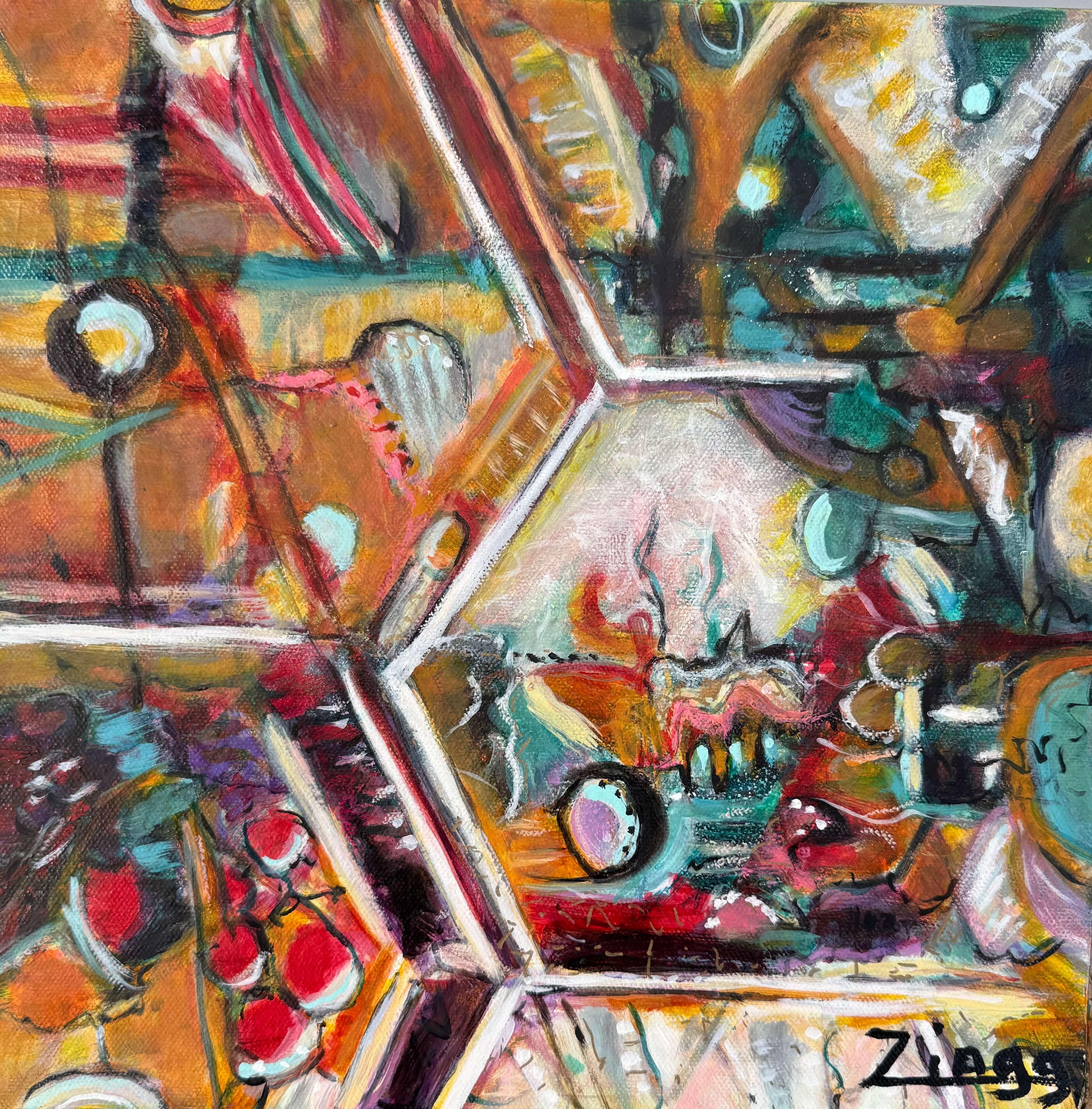 Bold contemporary abstract artwork with fragmented figurative forms and expressive movement