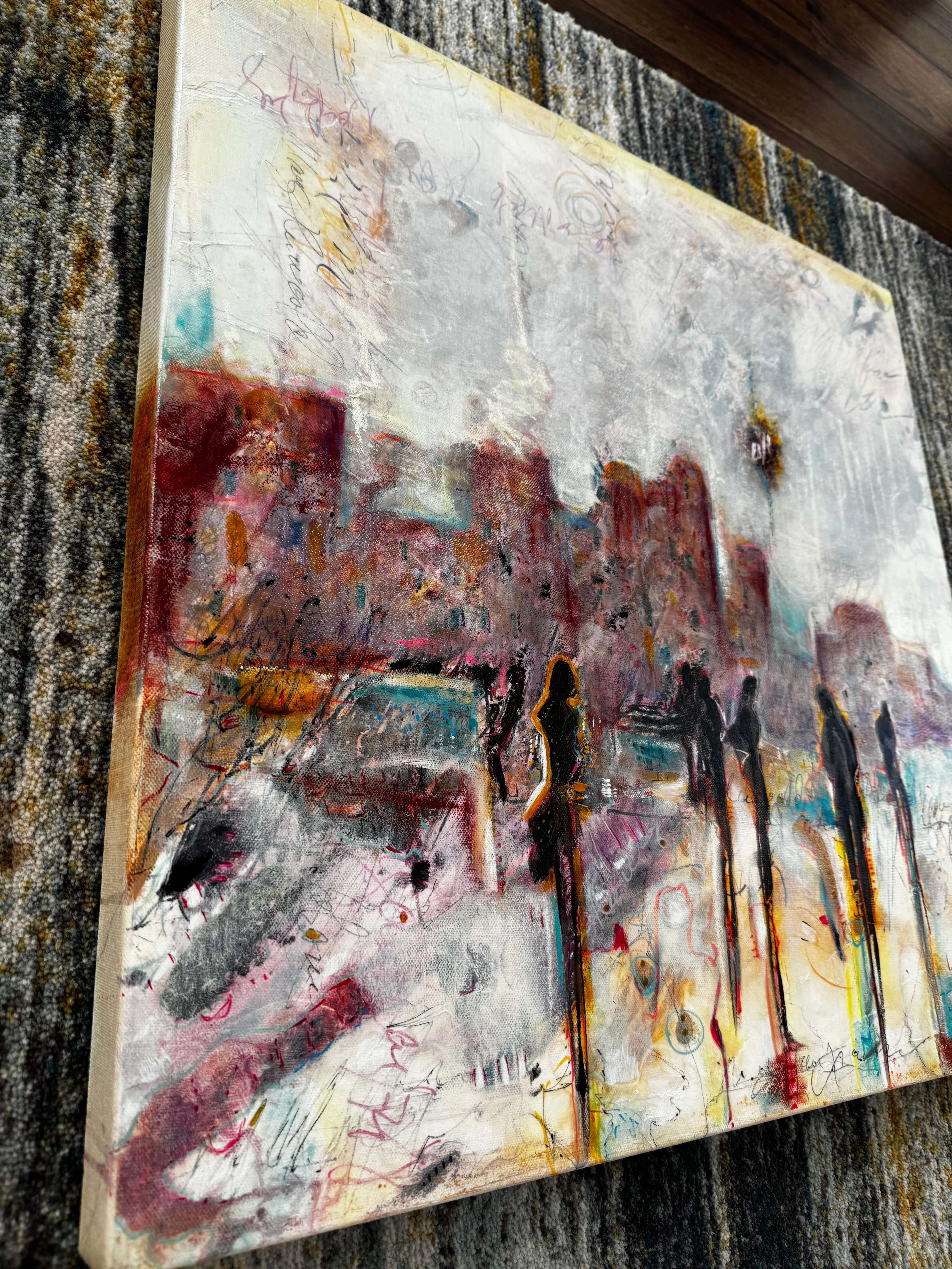 Bold contemporary abstract artwork with fragmented figurative forms and expressive movement