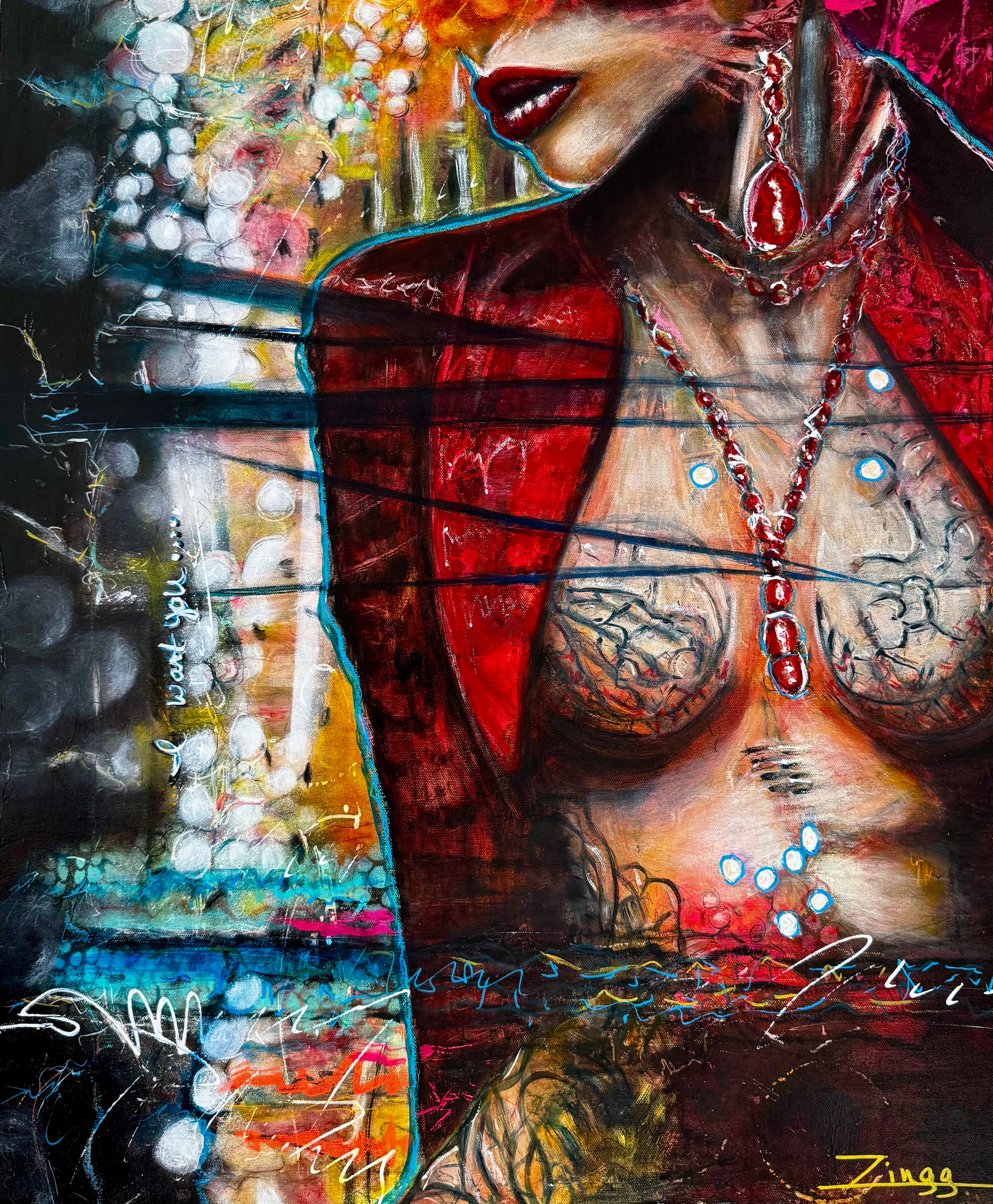 Sultry Expression in Garnet | 24x30 inch Contemporary Oil Painting by Theresa Zingg