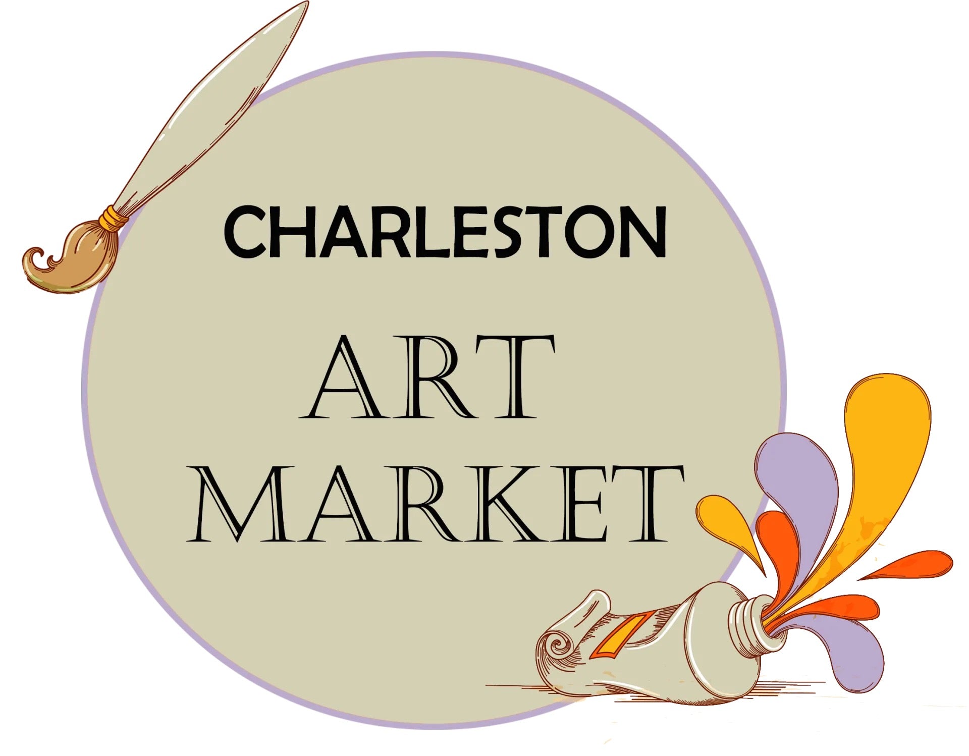 Logo for Charleston Art Market with a paintbrush and paint tube on a beige background