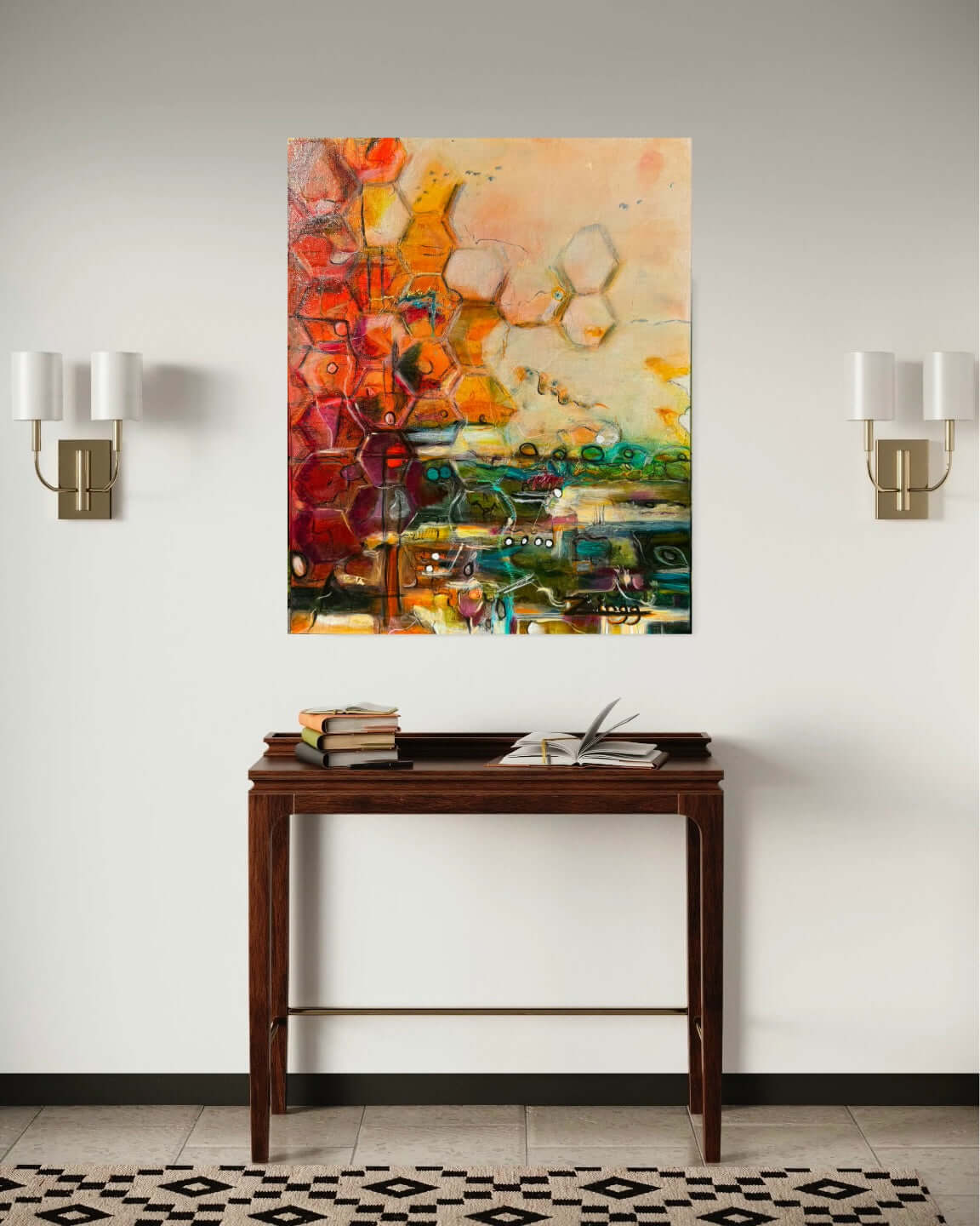 Expressive Abstract Oil Painting showcasing honeycomb pattern in vibrant colors, Hive Harmony by Theresa Zingg.