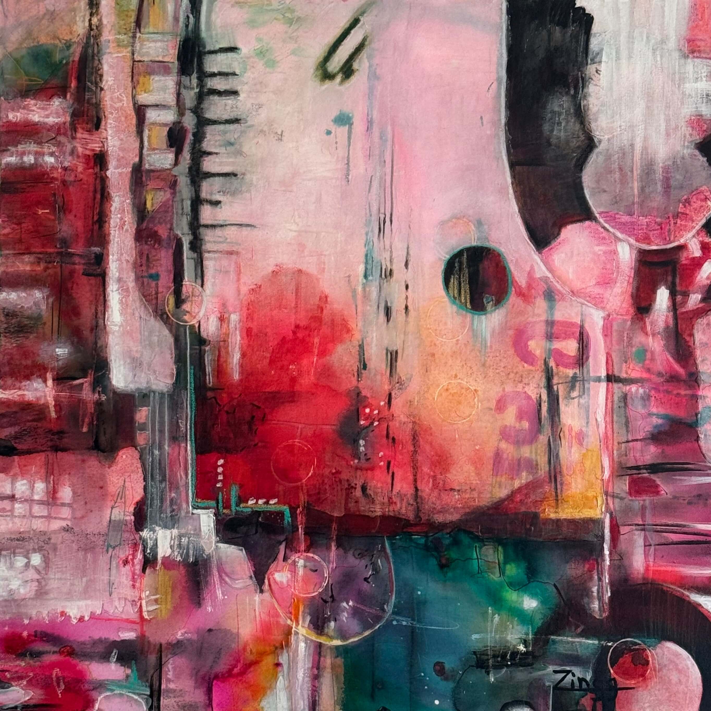 Expressive abstract oil painting in vibrant colors by Theresa Zingg, featuring rich textures and layers.