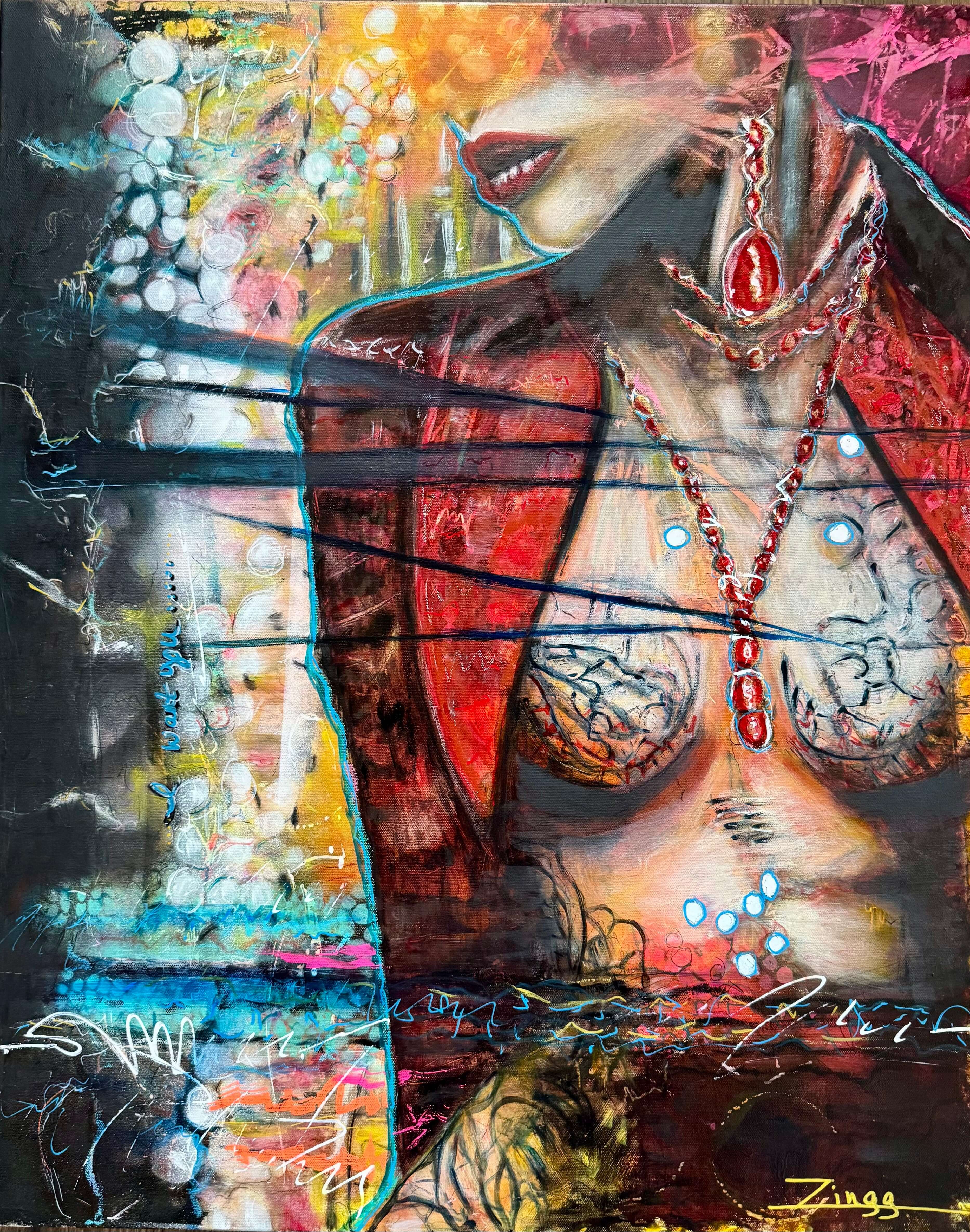 Bold contemporary abstract artwork with fragmented figurative forms and expressive movement