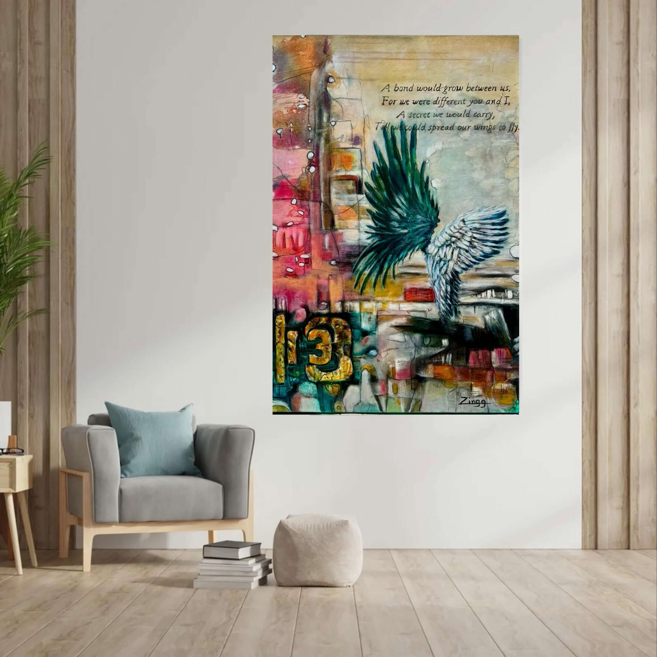 Bold abstract oil painting titled The Winged Bond by Theresa Zingg, featuring vibrant colors and textures.