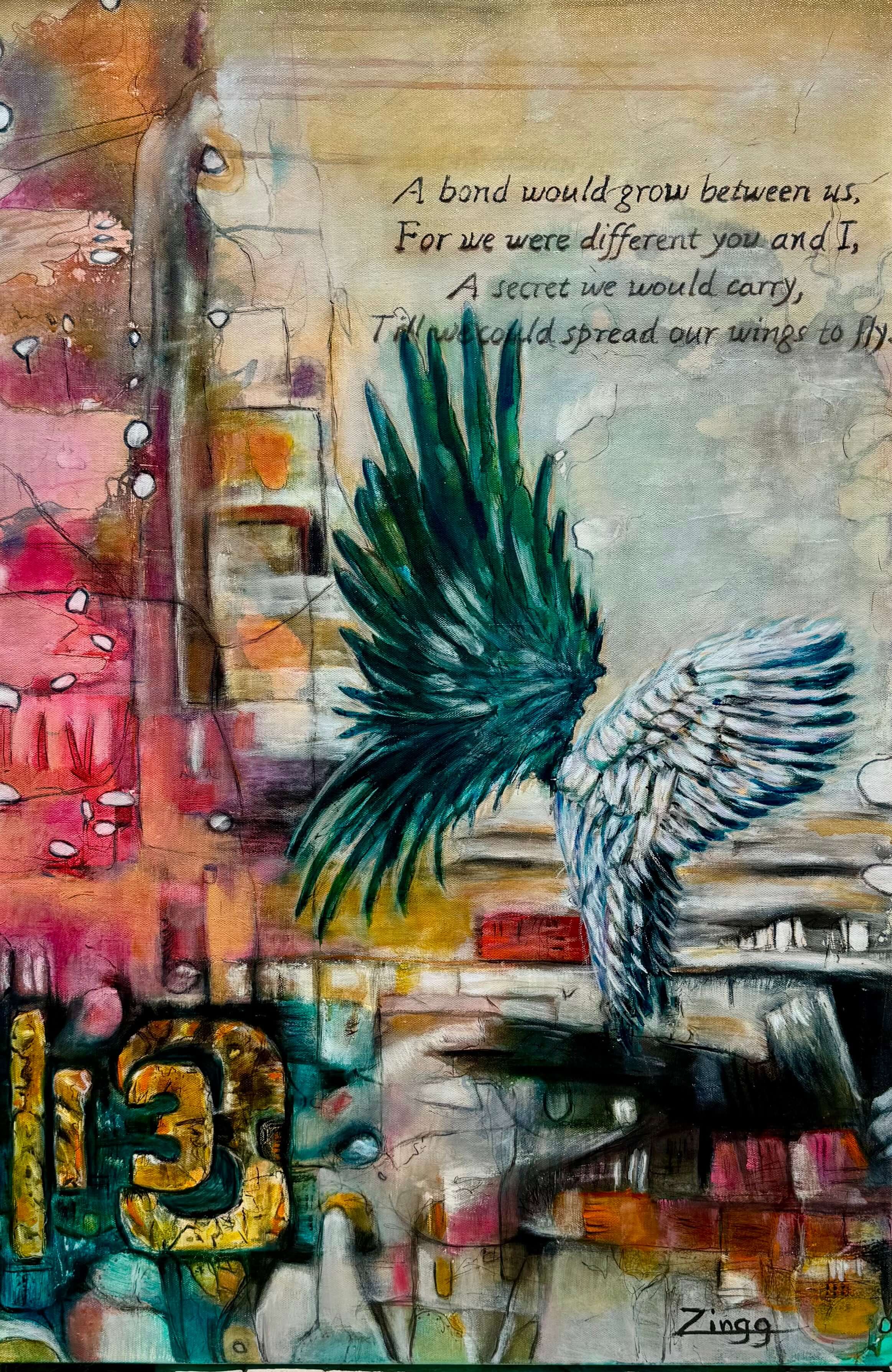 Bold abstract oil painting titled The Winged Bond by Theresa Zingg, featuring vibrant colors and textures.